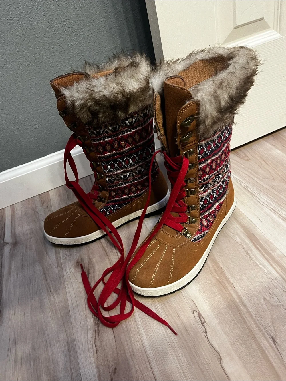JustFab Women's Tan Faux-Fur Winter Lace-Up Boots with Fair Isle Knit Accents